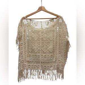 Unbranded Crochet Boho Fringe Cream Poncho Style - Size Medium - Festival
